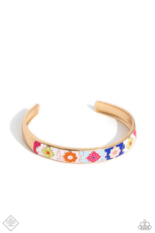 MULTICOLORED MOMENT - GOLD COLORFUL PATTERN CUFF BRACELET - PAPARAZZI - FASHION FIX DECEMBER 2023 FASHION FIX
