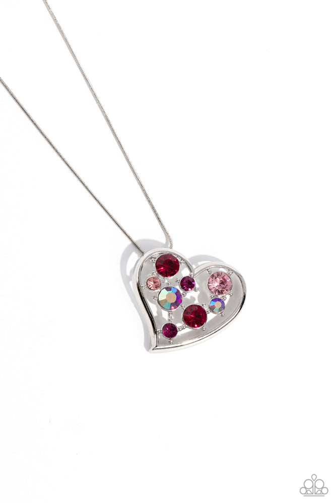 ROMANTIC RECOGNITION - PINK GEM SILVER HEART SHORT NECKLACE - PAPARAZZI