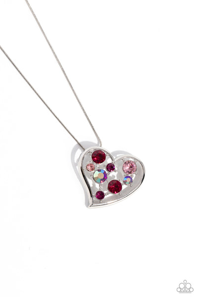 ROMANTIC RECOGNITION - PINK GEM SILVER HEART SHORT NECKLACE - PAPARAZZI