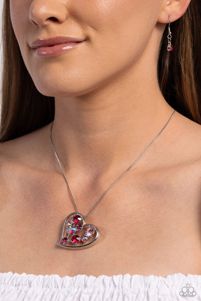 ROMANTIC RECOGNITION - PINK GEM SILVER HEART SHORT NECKLACE - PAPARAZZI