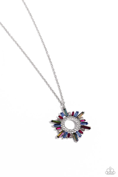 ENIGMATIC EDGE - MULTI COLOR RHINESTONE SILVER SUNBURST SHORT NECKLACE - PAPARAZZI