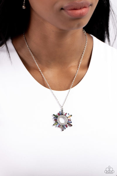 ENIGMATIC EDGE - MULTI COLOR RHINESTONE SILVER SUNBURST SHORT NECKLACE - PAPARAZZI