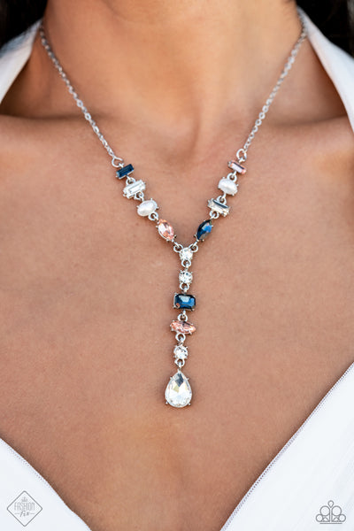 DREAMY DOWRY - MULTI WHITE BLUE PEACH GEM SILVER Y SHORT NECKLACE - PAPARAZZI - FASHION FIX SEPTEMBER 2023