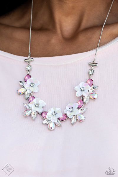 ETHEREALLY ENAMORED - MULTI IRIDESCENT GEM PINK FLOWER SILVER SHORT NECKLACE - PAPARAZZI SEPTEMBER 2023