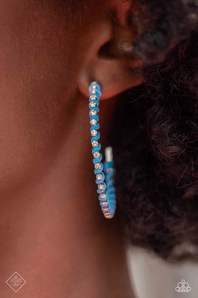 PUT A STRING ON IT - BLUE STRING WHITE RHINESTONE SILVER HOOP EARRNIGS - PAPARAZZI - FASHION FIX SEPTEMBER 2023 Regular price