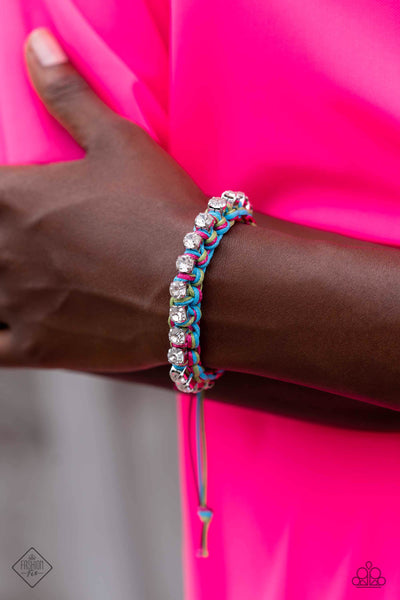 THE NEXT BIG STRING - BLUE PINK GREEN CORD WHITE RHINESTONE SILVER SLIDE BRACELET - PAPARAZZI - FASHION FIX SEPTEMBER 2023
