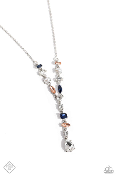 DREAMY DOWRY - MULTI WHITE BLUE PEACH GEM SILVER Y SHORT NECKLACE - PAPARAZZI - FASHION FIX SEPTEMBER 2023