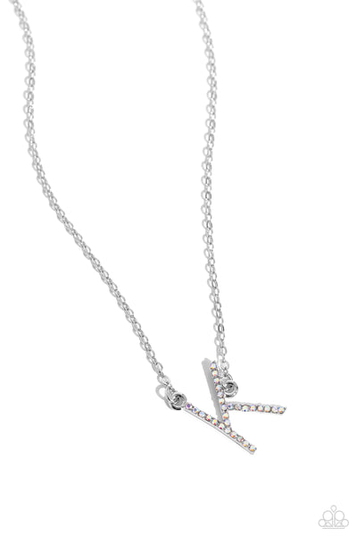 INITIALLY YOURS - K - MULTI IRIDESCENT RHINESTONE SILVER LETTER SHORT NECKLACE - PAPARAZZI
