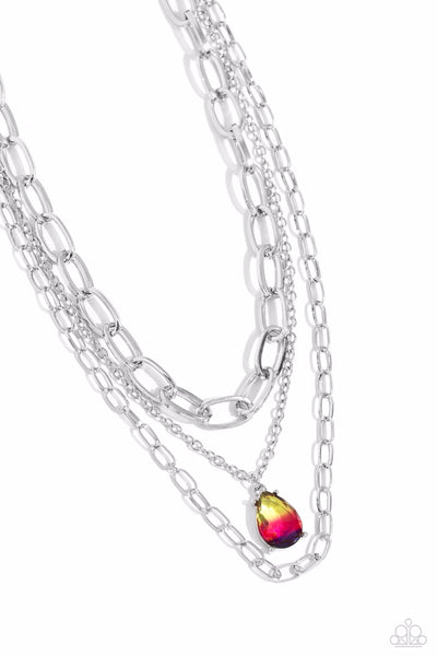 TEARDROP TIERS - MULTI YELLOW PINK PURPLE OMBRE GEM SILVER LAYERED SHORT NECKLACE - PAPARAZZI