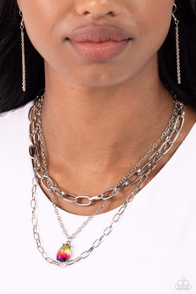 TEARDROP TIERS - MULTI YELLOW PINK PURPLE OMBRE GEM SILVER LAYERED SHORT NECKLACE - PAPARAZZI