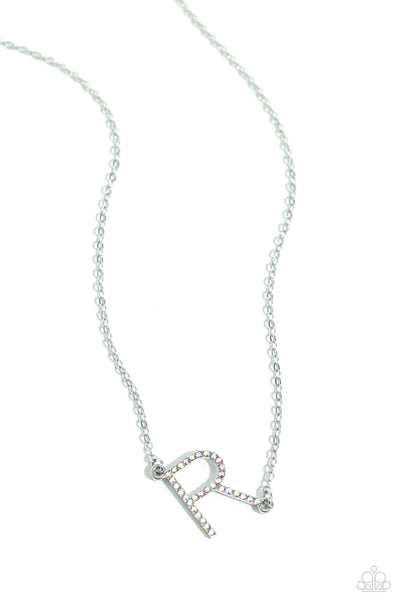 INITIALLY YOURS - R - MULTI IRIDESCENT RHINESTONE SILVER LETTER SHORT NECKLACE - PAPARAZZI