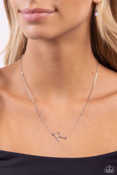 INITIALLY YOURS - R - MULTI IRIDESCENT RHINESTONE SILVER LETTER SHORT NECKLACE - PAPARAZZI