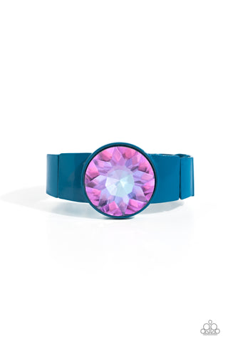 EXAGGERATED EGO - BLUE PAINTED FRAME PURPLE UV SHIMMER GEM STRETCHY BRACELET - PAPARAZZI - LIFE OF THE PARTY SEPTEMBER 2023