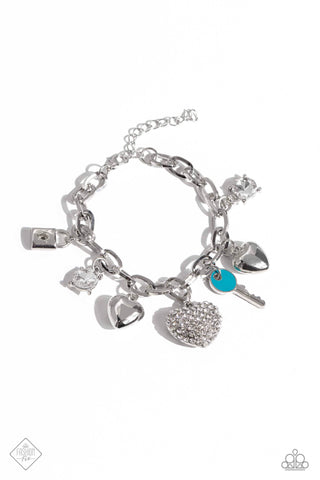 CHARMING COLOR - WHITE GEM TURQUOISE KEY HEART LOCK CHARM SILVER BRACELET - PAPARAZZI FASHION FIX OCTOBER 2023