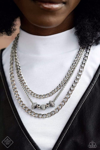 LAYERED LOYALTY - WHITE RHINESTONE SILVER CHAIN LAYERED SHORT NECKLACE - PAPARAZZI - FASHION FIX OCTOBER 2023