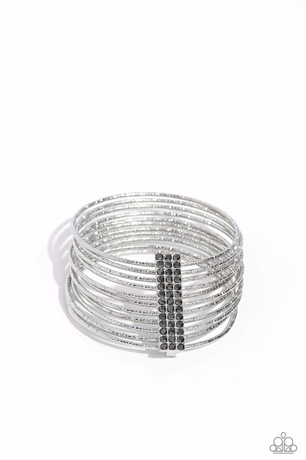 SHIMMERY SILHOUETTE - SILVER TEXTURED BANGLE HEMATITE RHINESTONE BRACELET - PAPARAZZI