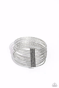 SHIMMERY SILHOUETTE - SILVER TEXTURED BANGLE HEMATITE RHINESTONE BRACELET - PAPARAZZI