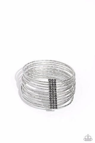 SHIMMERY SILHOUETTE - SILVER TEXTURED BANGLE HEMATITE RHINESTONE BRACELET - PAPARAZZI