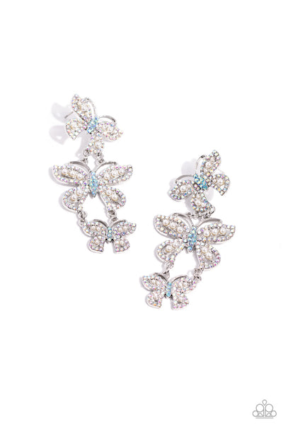 FLUTTERING FINALE - MULTI BLUE IRIDESCENT WHITE RHINESTONE BUTTERFLY POST EARRINGS - PAPARAZZI - LIFE OF THE PARTY OCTOBER 2023