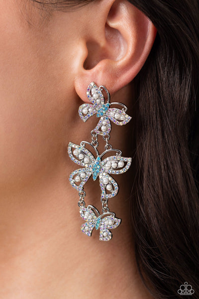 FLUTTERING FINALE - MULTI BLUE IRIDESCENT WHITE RHINESTONE BUTTERFLY POST EARRINGS - PAPARAZZI - LIFE OF THE PARTY OCTOBER 2023