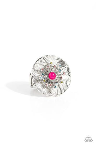 SERIOUSLY SUNBURST - PINK BEAD MULTI COLOR RHINESTONE SILVER FLOWER RING - PAPARAZZI - LIFE OF THE PARTY OCTOBER 2023