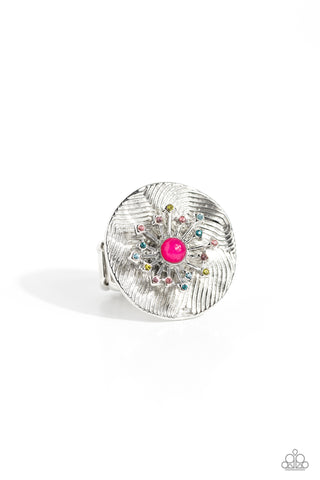 SERIOUSLY SUNBURST - PINK BEAD MULTI COLOR RHINESTONE SILVER FLOWER RING - PAPARAZZI - LIFE OF THE PARTY OCTOBER 2023