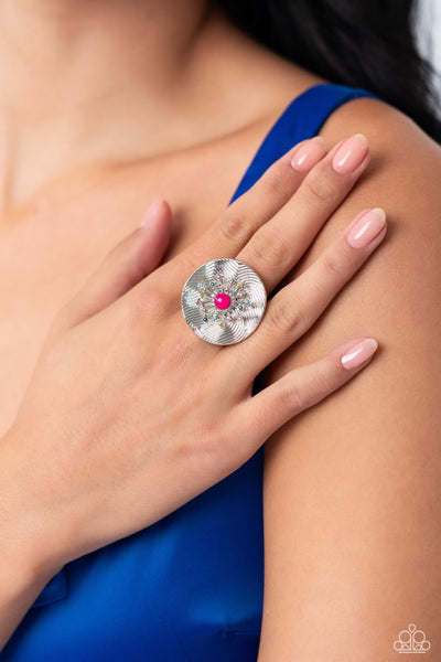 SERIOUSLY SUNBURST - PINK BEAD MULTI COLOR RHINESTONE SILVER FLOWER RING - PAPARAZZI - LIFE OF THE PARTY OCTOBER 2023
