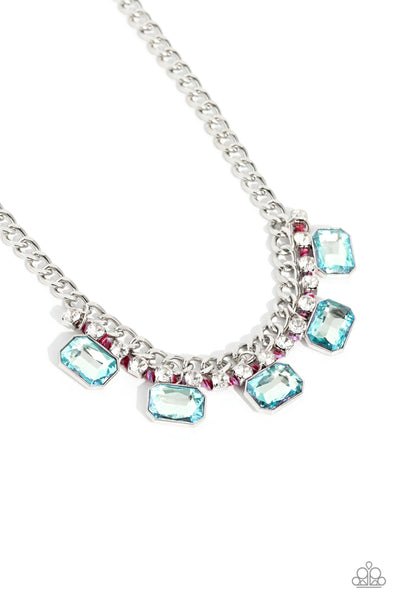 WEAVING WONDER - MULTI BLUE GEM WHITE RHINESTONE PINK THREAD SILVER SHORT NECKLACE - PAPARAZZI - LIFE OF THE PARTY OCTOBER 2023