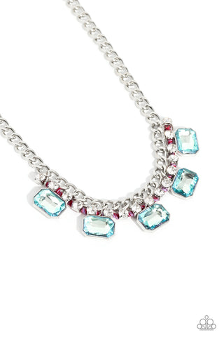 WEAVING WONDER - MULTI BLUE GEM WHITE RHINESTONE PINK THREAD SILVER SHORT NECKLACE - PAPARAZZI - LIFE OF THE PARTY OCTOBER 2023