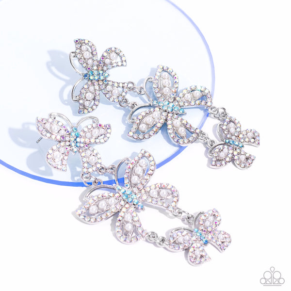 FLUTTERING FINALE - MULTI BLUE IRIDESCENT WHITE RHINESTONE BUTTERFLY POST EARRINGS - PAPARAZZI - LIFE OF THE PARTY OCTOBER 2023