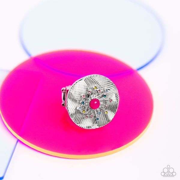 SERIOUSLY SUNBURST - PINK BEAD MULTI COLOR RHINESTONE SILVER FLOWER RING - PAPARAZZI - LIFE OF THE PARTY OCTOBER 2023