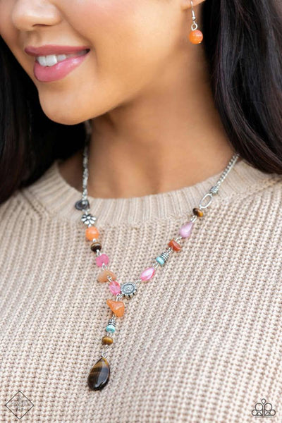GARDEN PARTY PRIZE - BROWN COLORFUL STONE SILVER Y SHORT NECKLACE - PAPARAZZI NOVEMBER 2023