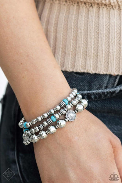 GARDEN PARTY PASSION - BLUE TURQUOISE SILVER STRETCHY BRACELET SET - PAPARAZZI - FASHION FIX NOVEMBER 2023