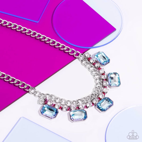 WEAVING WONDER - MULTI BLUE GEM WHITE RHINESTONE PINK THREAD SILVER SHORT NECKLACE - PAPARAZZI - LIFE OF THE PARTY OCTOBER 2023