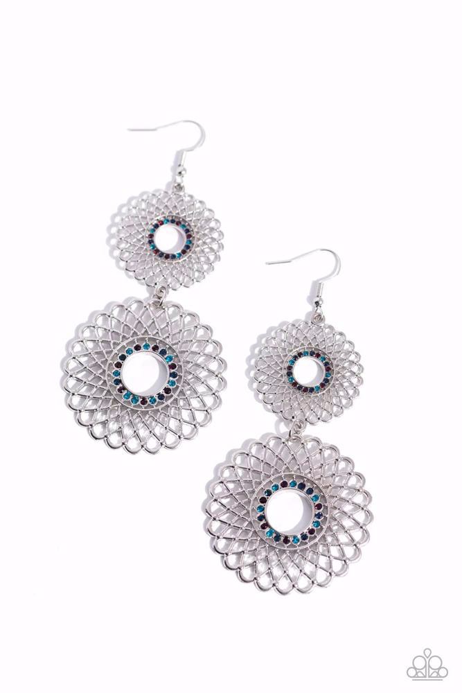 REGAL ROULETTE - MUTLI COLORED RHINESTONE SILVER CIRCLE EARRINGS - PAPARAZZI