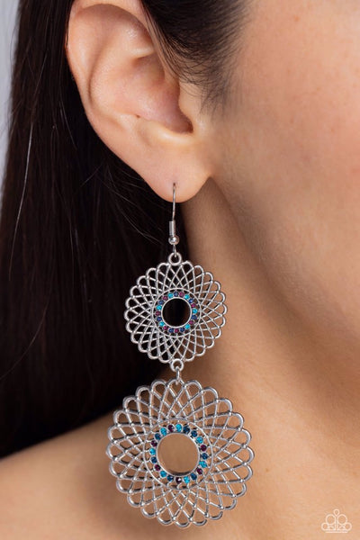 REGAL ROULETTE - MUTLI COLORED RHINESTONE SILVER CIRCLE EARRINGS - PAPARAZZI