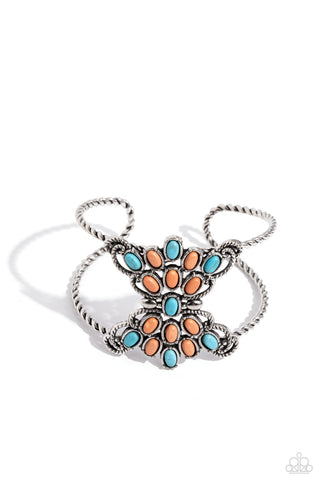 PLEASANTLY PLAINS - MULTI TURQUOISE AND ORANGE STONE SILVER CUFF BRACELET - PAPARAZZI