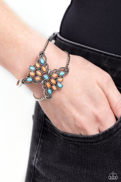 PLEASANTLY PLAINS - MULTI TURQUOISE AND ORANGE STONE SILVER CUFF BRACELET - PAPARAZZI