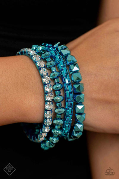 PUNK PATTERN - BLUE METALLIC BEAD WHITE RHINESTONE STRETCHY BRACELET SET - PAPARAZZI - FASHION FIX DECEMBER 2023 FASHION FIX