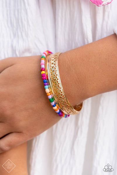 MULTICOLORED MEDLEY - GOLD COLORFUL SEED BEAD BANGLE BRACELET SET - PAPARAZZI - FASHION FIX DECEMBER 2023 FASHION FIX