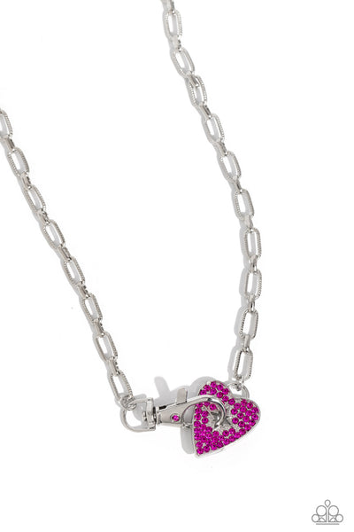 RADICAL ROMANCE - PINK RHINESTONE HEART SHORT NECKLACE - PAPARAZZI