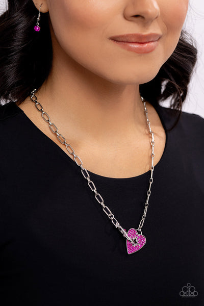 RADICAL ROMANCE - PINK RHINESTONE HEART SHORT NECKLACE - PAPARAZZI