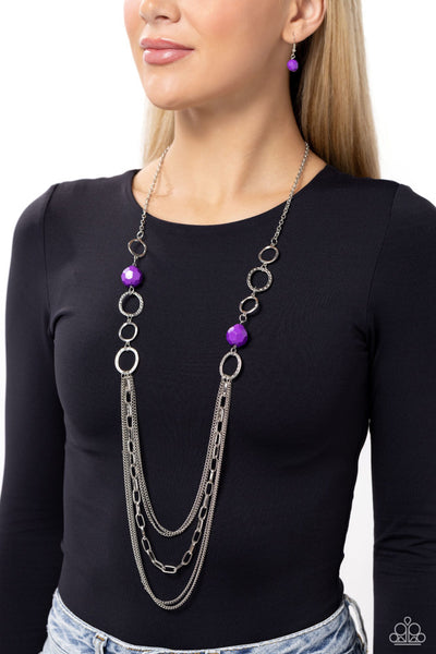- PURPLE BEAD SILVER LAYERED LONG NECKLACE - PAPARAZZI