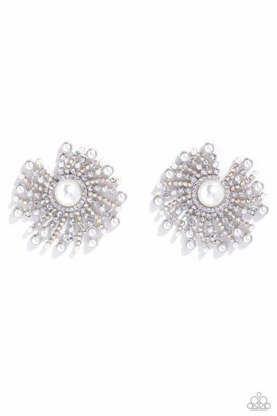 FANCY FIREWORKS - WHITE RHINESTONE AND PEARL SWIRL POST EARRINGS - PAPARAZZI - LIFE OF THE PARTY DECEMBER 2023