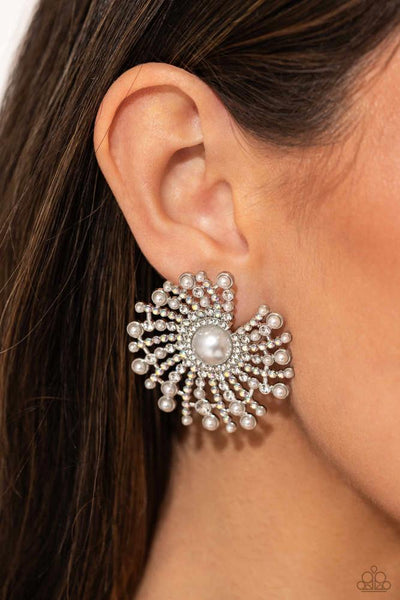 FANCY FIREWORKS - WHITE RHINESTONE AND PEARL SWIRL POST EARRINGS - PAPARAZZI - LIFE OF THE PARTY DECEMBER 2023