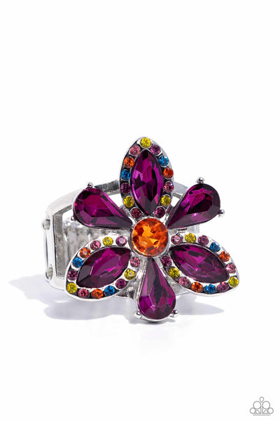 BLAZING BLOOMS - MULTI COLOR AND PINK GEM SILVER FLOWER RING - PAPARAZZI - LIFE OF THE PARTY DECEMBER 2023