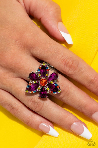BLAZING BLOOMS - MULTI COLOR AND PINK GEM SILVER FLOWER RING - PAPARAZZI - LIFE OF THE PARTY DECEMBER 2023