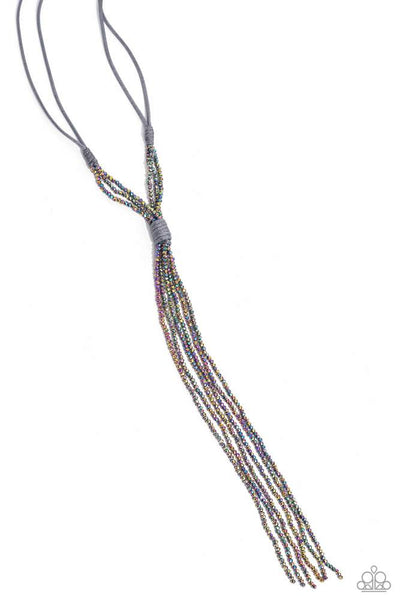 KNOTTED KARMA - SILVER GRAY CORD OIL SPILL BEAD LONG NECKLACE - PAPARAZZI - LIFE OF THE PARTY DECEMBER 2023