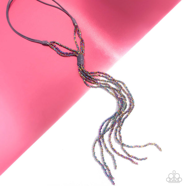 KNOTTED KARMA - SILVER GRAY CORD OIL SPILL BEAD LONG NECKLACE - PAPARAZZI - LIFE OF THE PARTY DECEMBER 2023