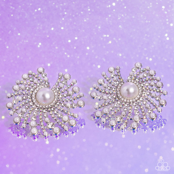FANCY FIREWORKS - WHITE RHINESTONE AND PEARL SWIRL POST EARRINGS - PAPARAZZI - LIFE OF THE PARTY DECEMBER 2023